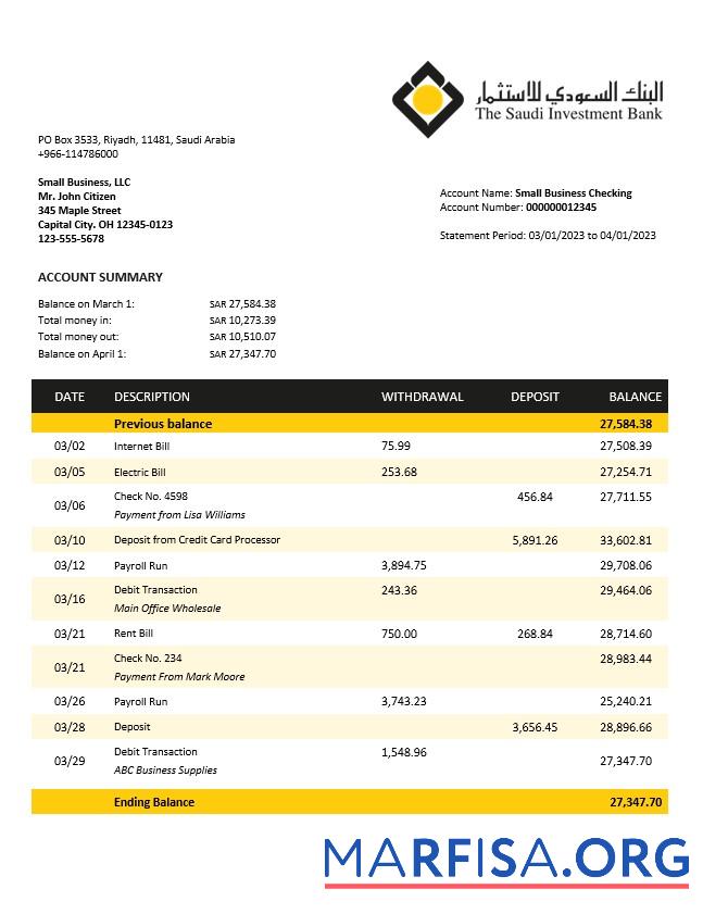 Downloadable Saudi Investment Bank business checking account statement Word and PDF template